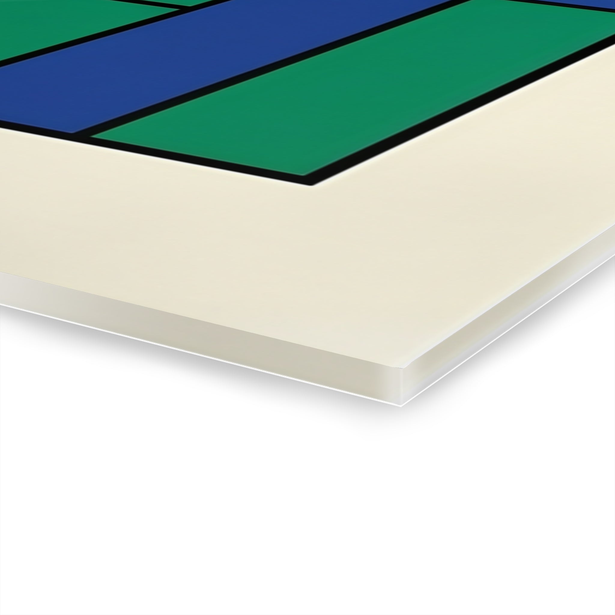 Close-up bottom edge of geometric wall art showing layered white frame thickness