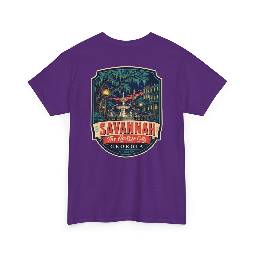 Purple Savannah city badge graphic T-shirt with short sleeves and crew neck.
