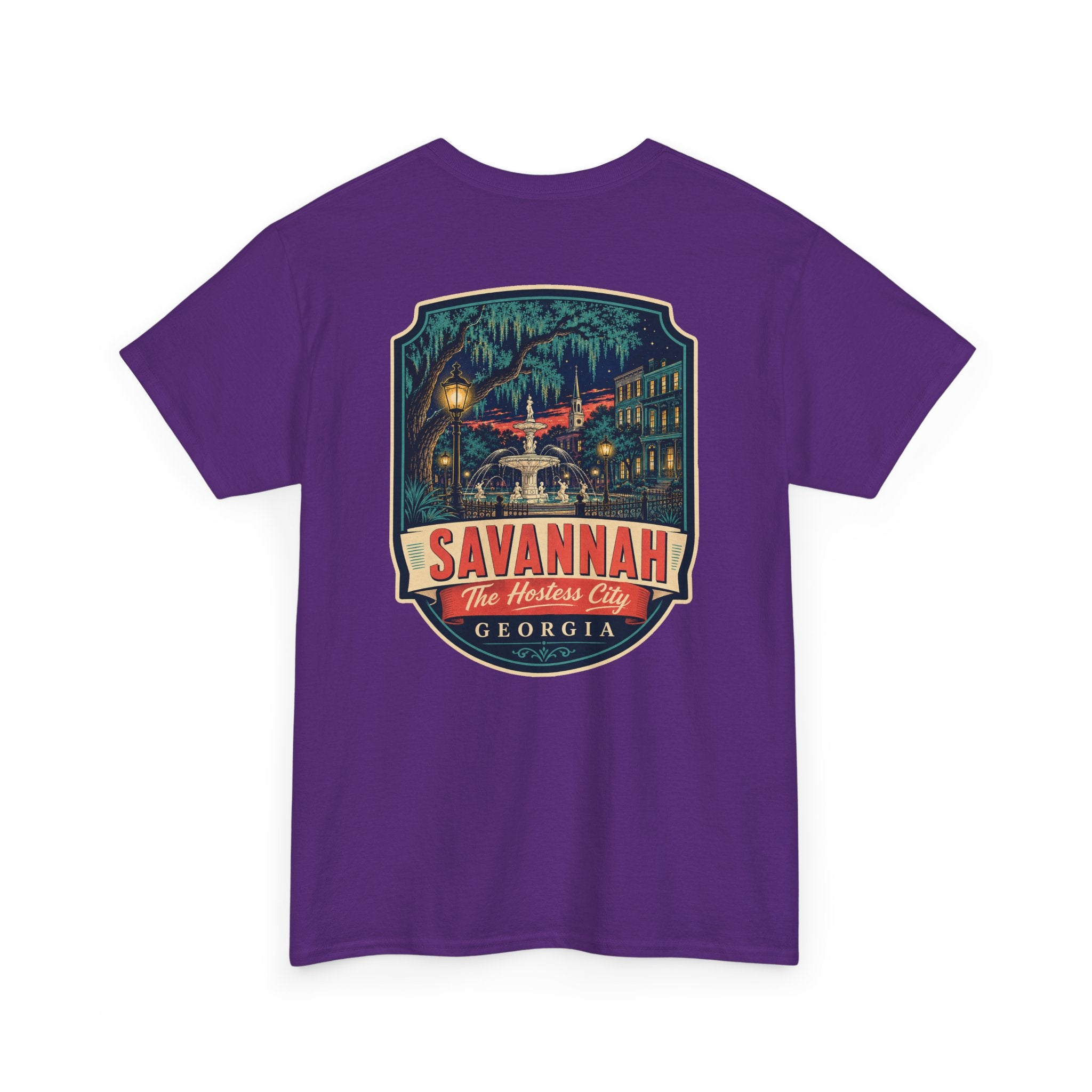 Purple Savannah city badge graphic T-shirt with short sleeves and crew neck.