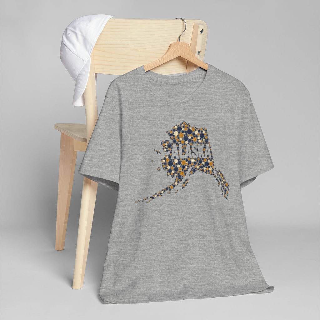 Alaska map graphic t-shirt, heather gray, short-sleeve crew neck with dotted Alaska outline