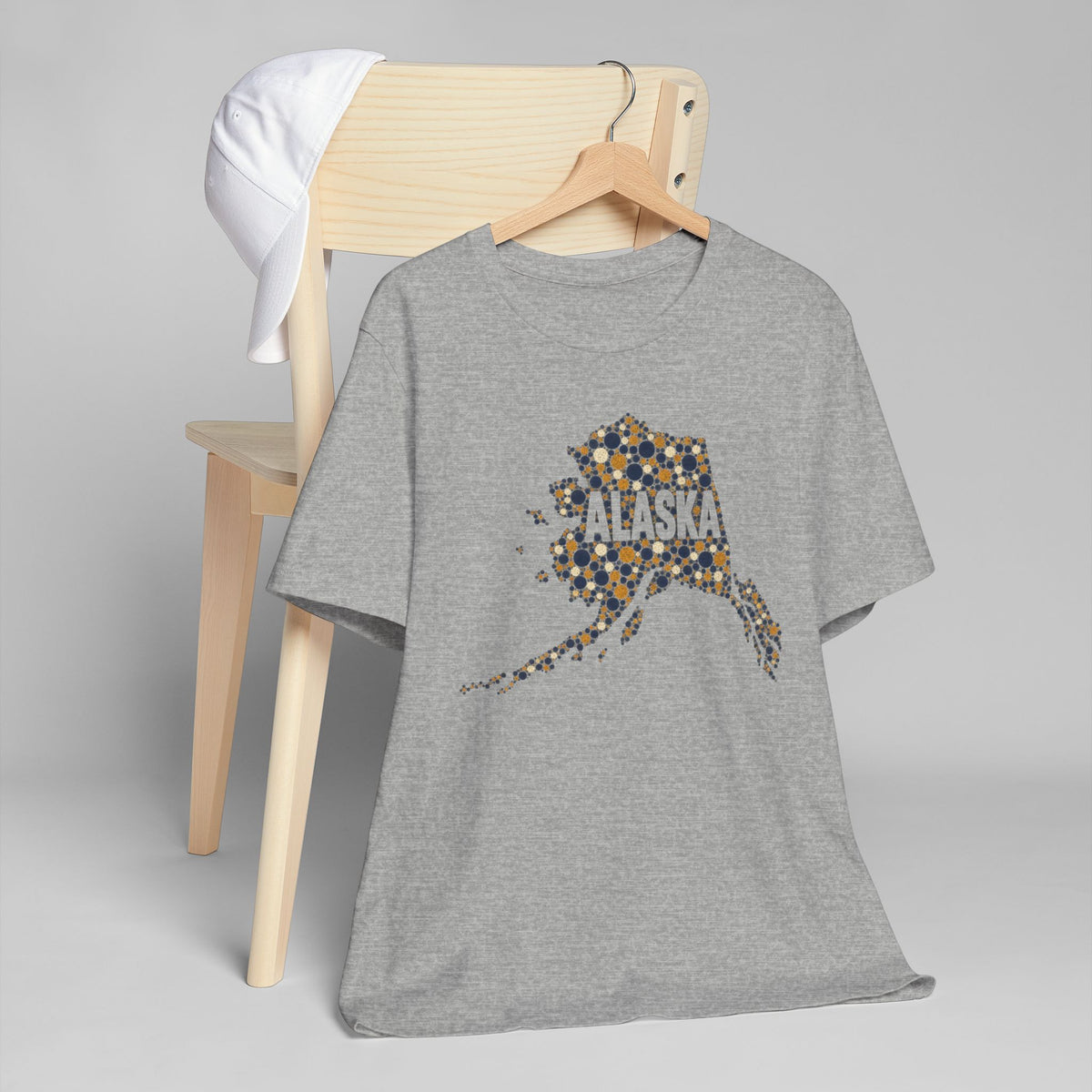 Alaska map graphic t-shirt, heather gray, short-sleeve crew neck with dotted Alaska outline