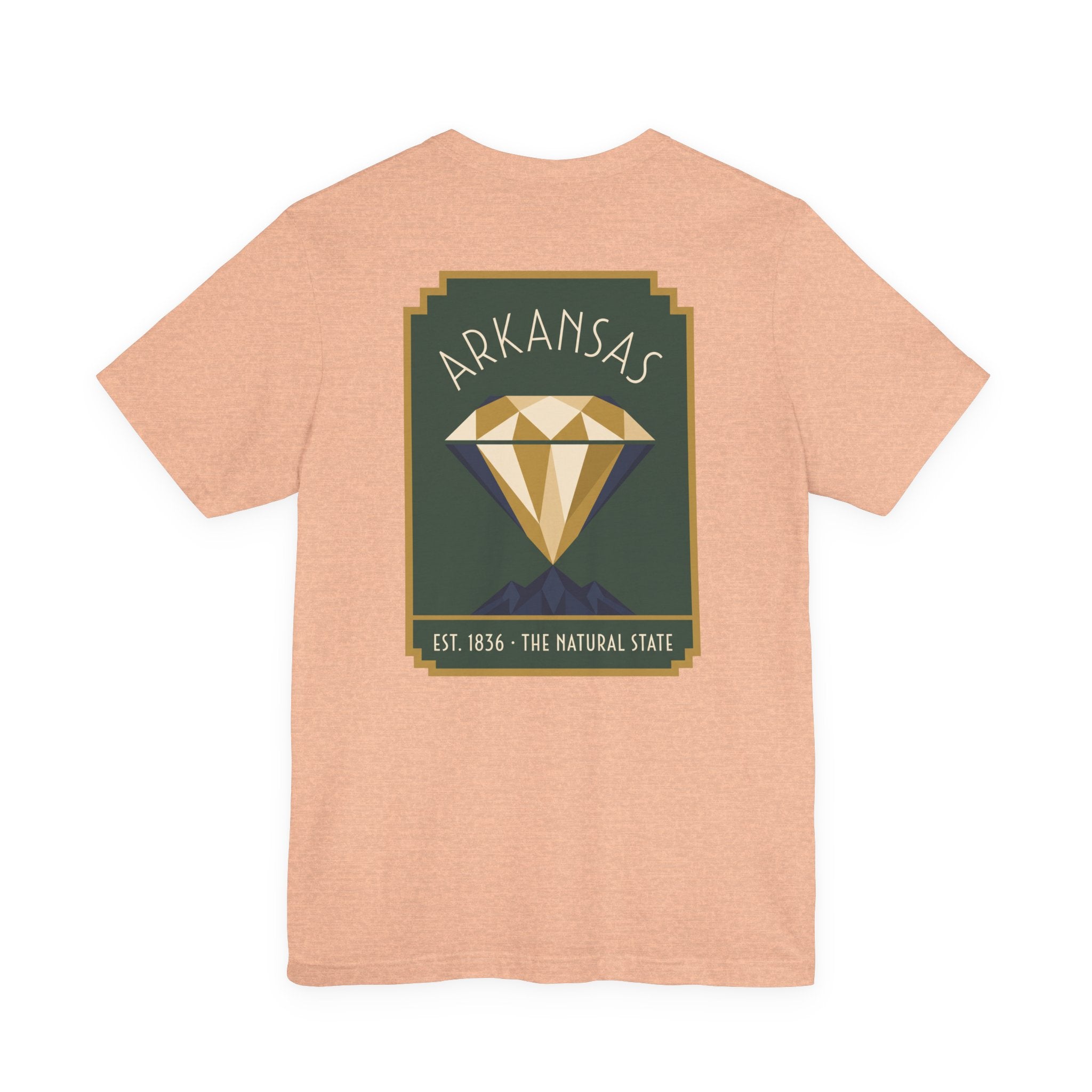 Heather peach T-shirt with Arkansas diamond art deco graphic, Est. 1836