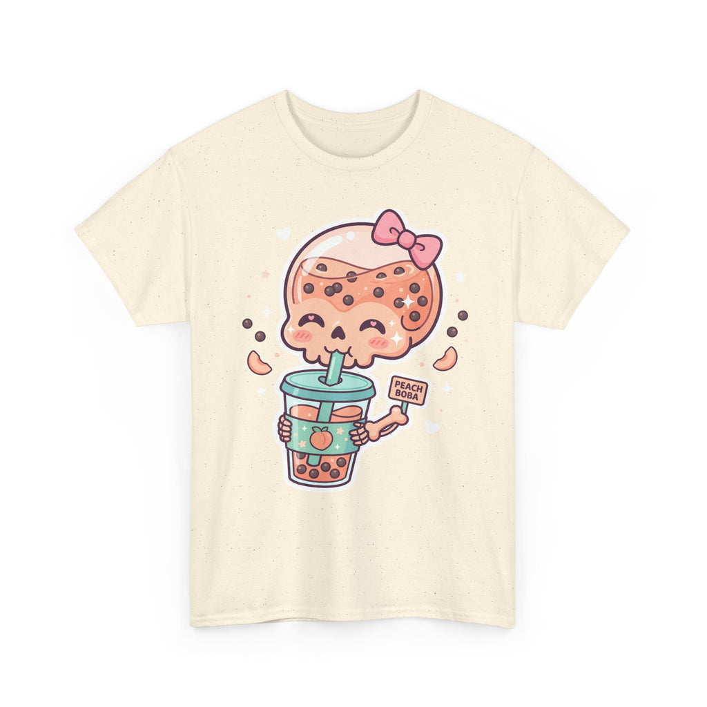 Natural boba tea skull graphic T-shirt, cute peach boba cup skull with bow