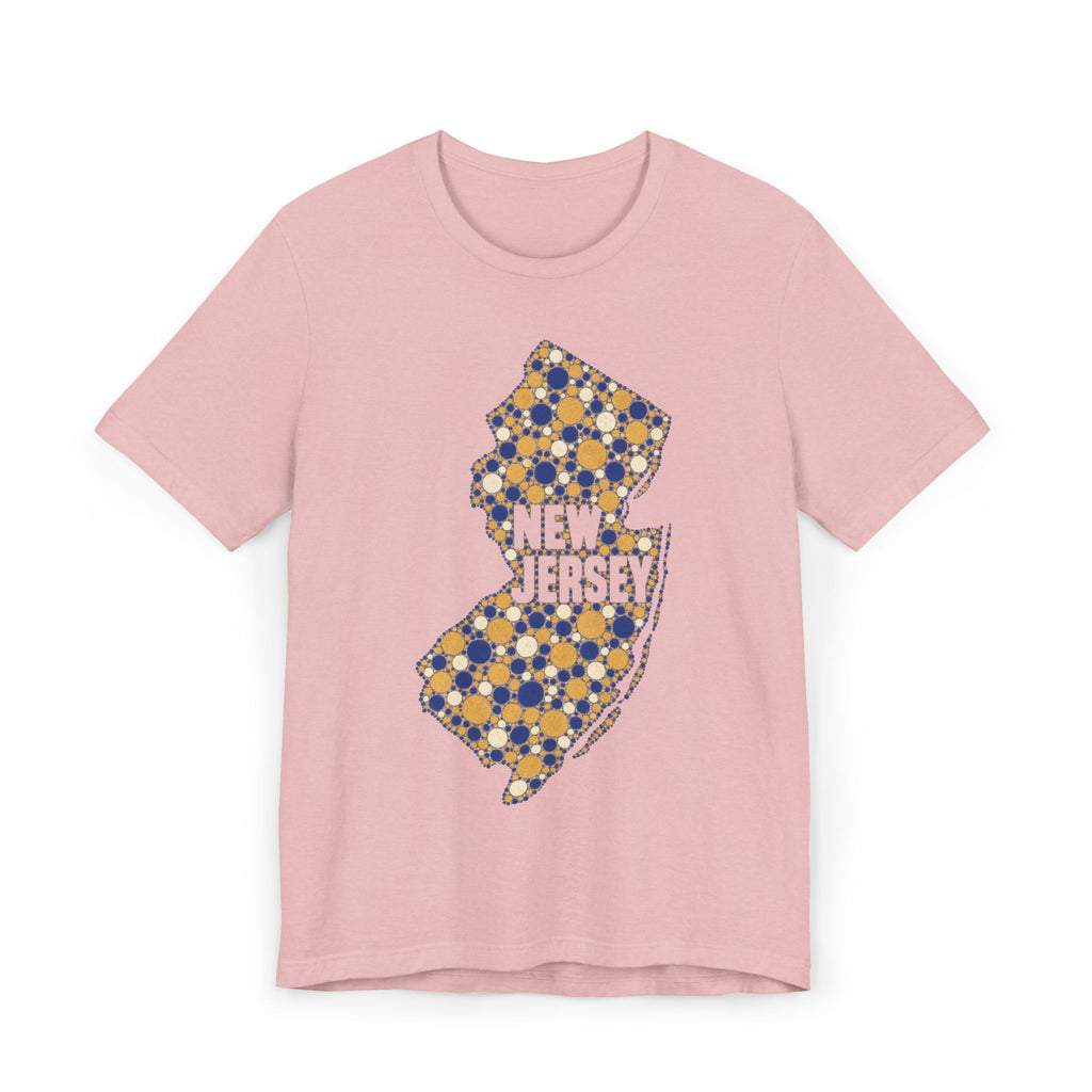 Pink T-shirt with speckled floral New Jersey outline graphic in blue and gold