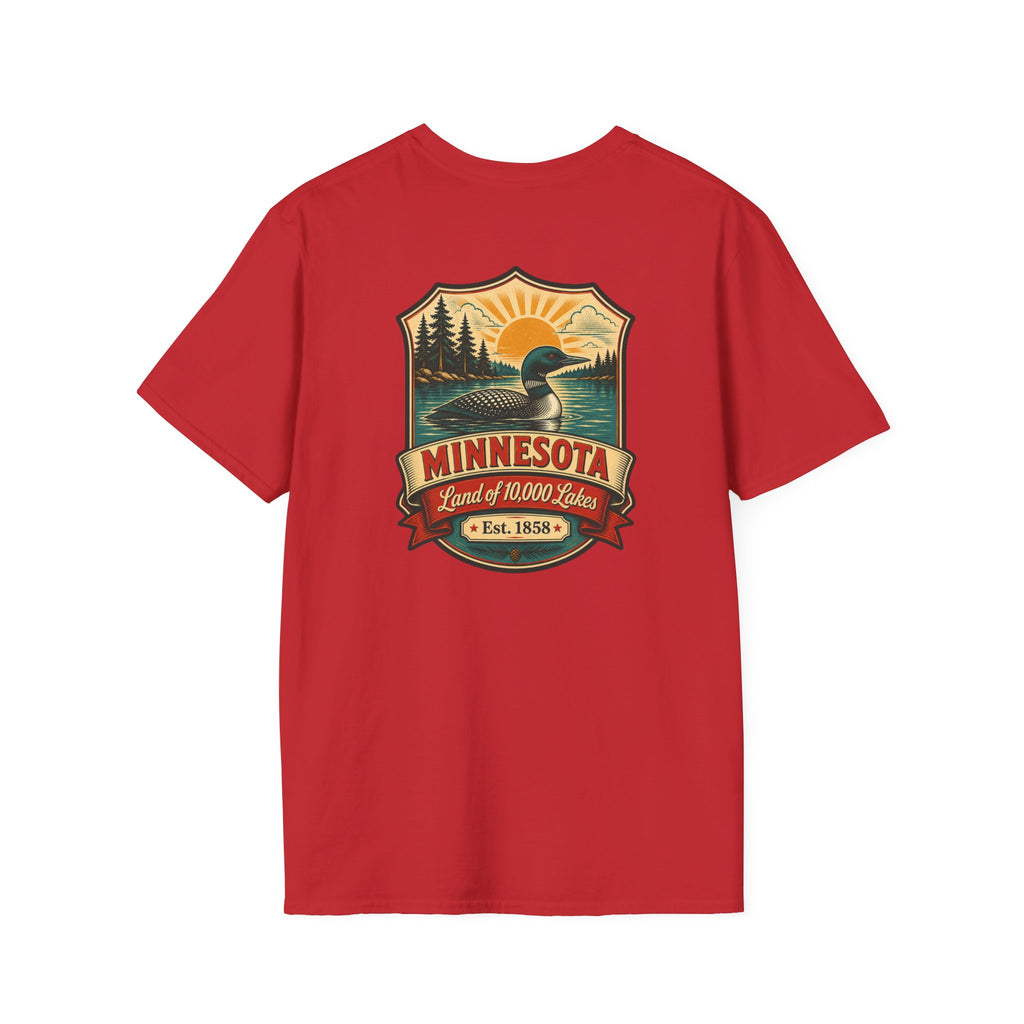 Red T-shirt with Minnesota retro lake badge graphic at chest