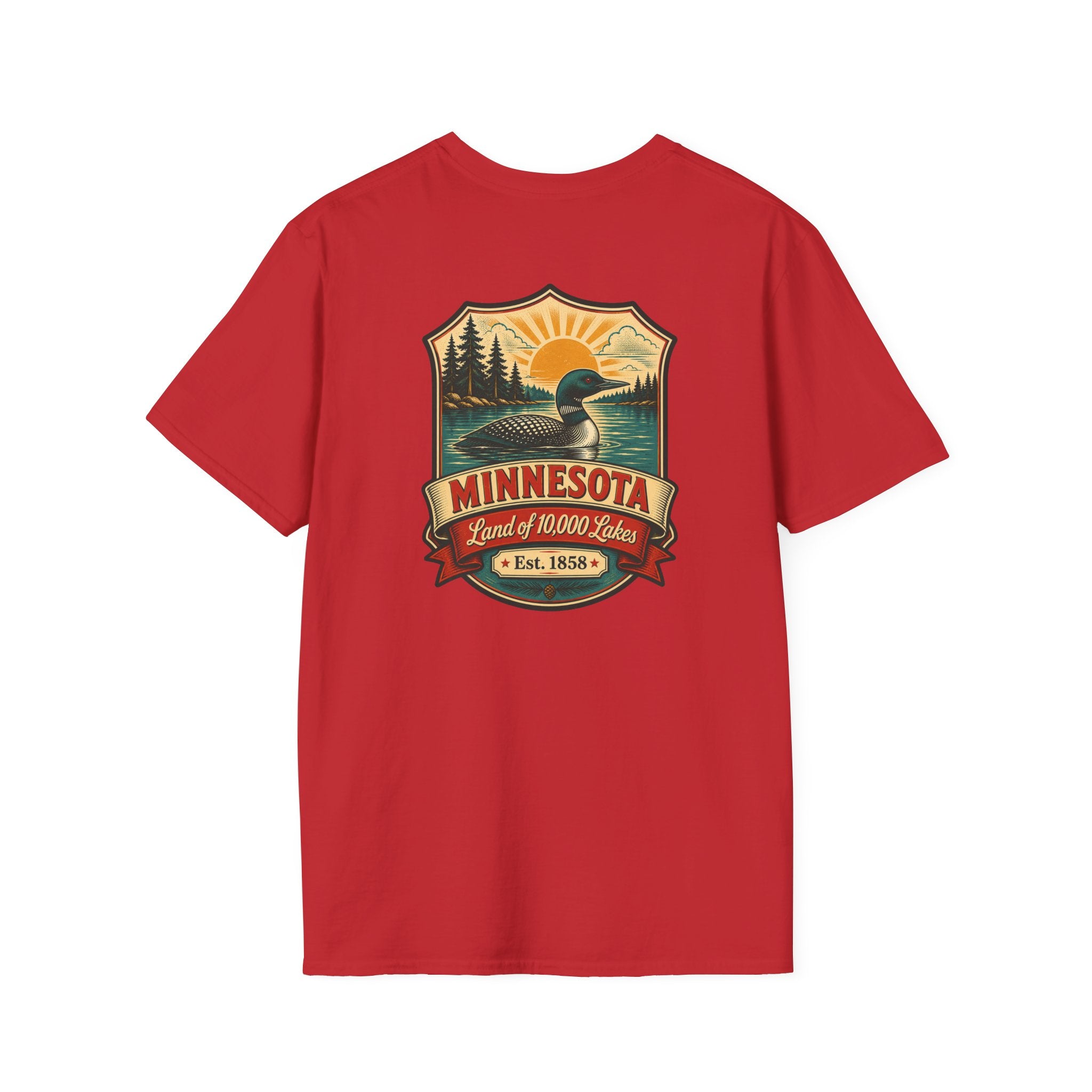 Red T-shirt with Minnesota retro lake badge graphic at chest