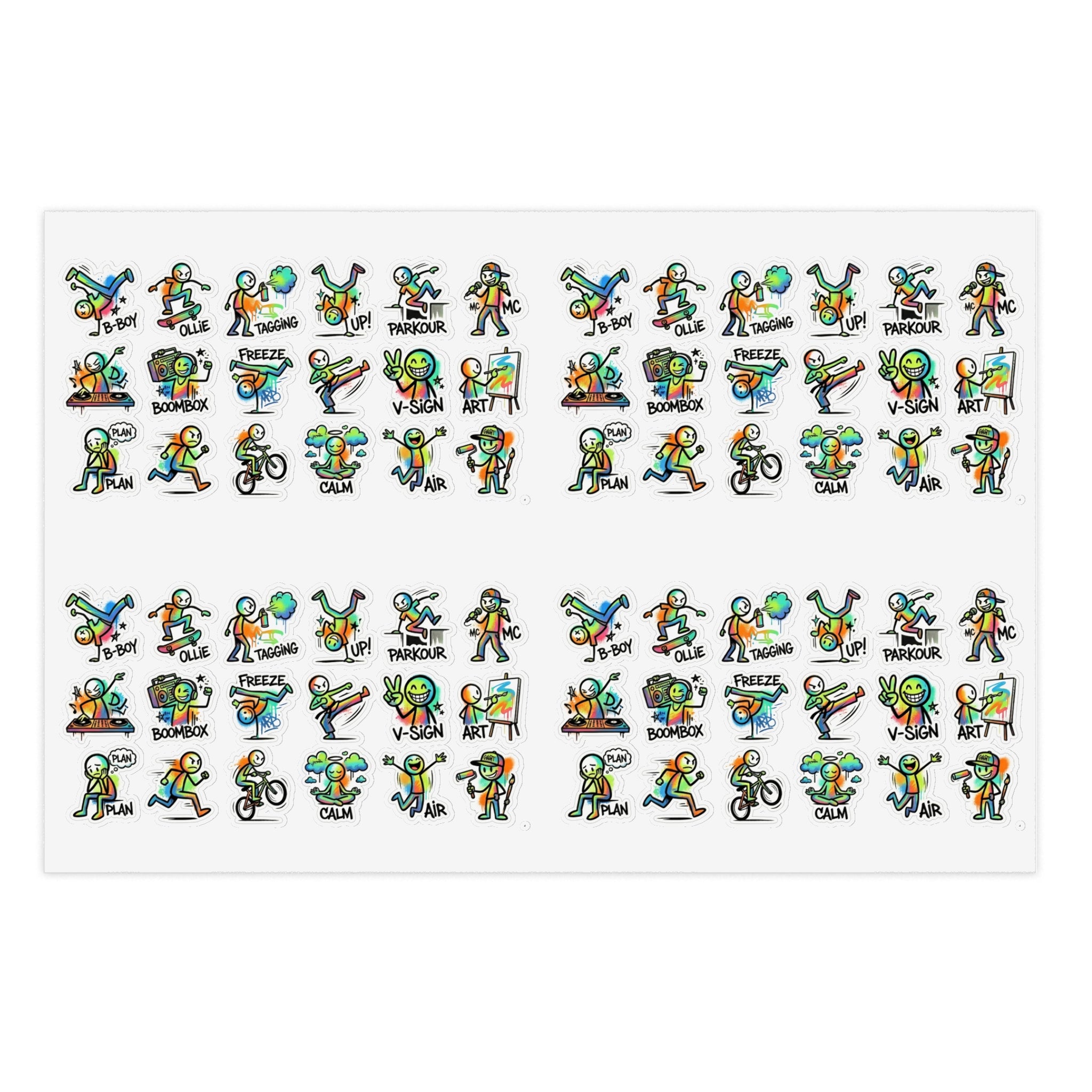 Planner sticker sheet with die-cut green character icons and action labels like PARKOUR