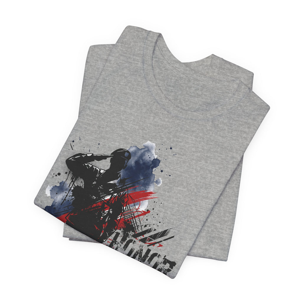 Gray heather T-shirt with soldier silhouette graphic and red-blue splatter paint effect