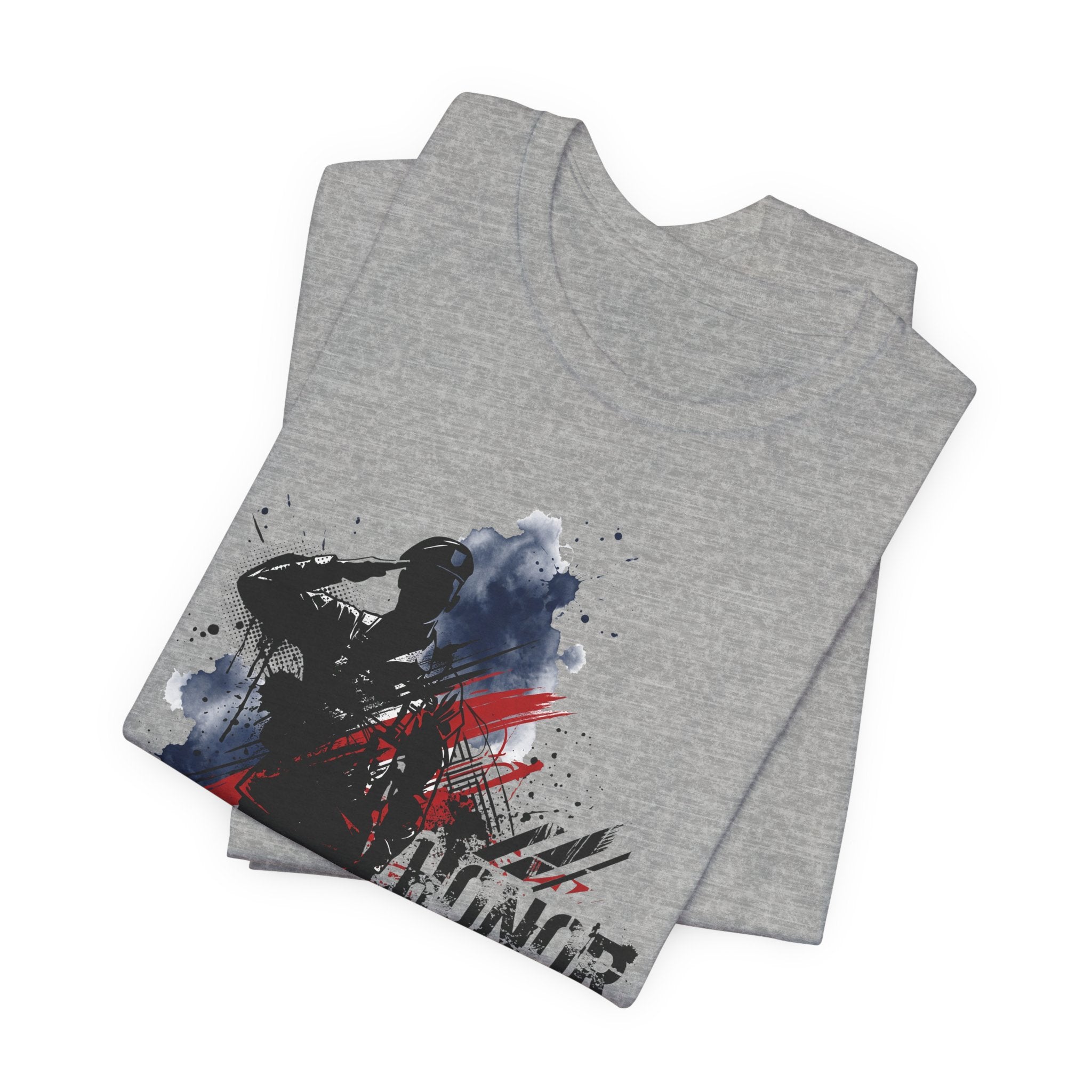 Gray heather T-shirt with soldier silhouette graphic and red-blue splatter paint effect