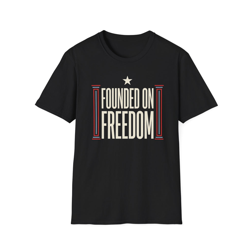 Black short-sleeve t-shirt with white star and "Founded on Freedom" graphic