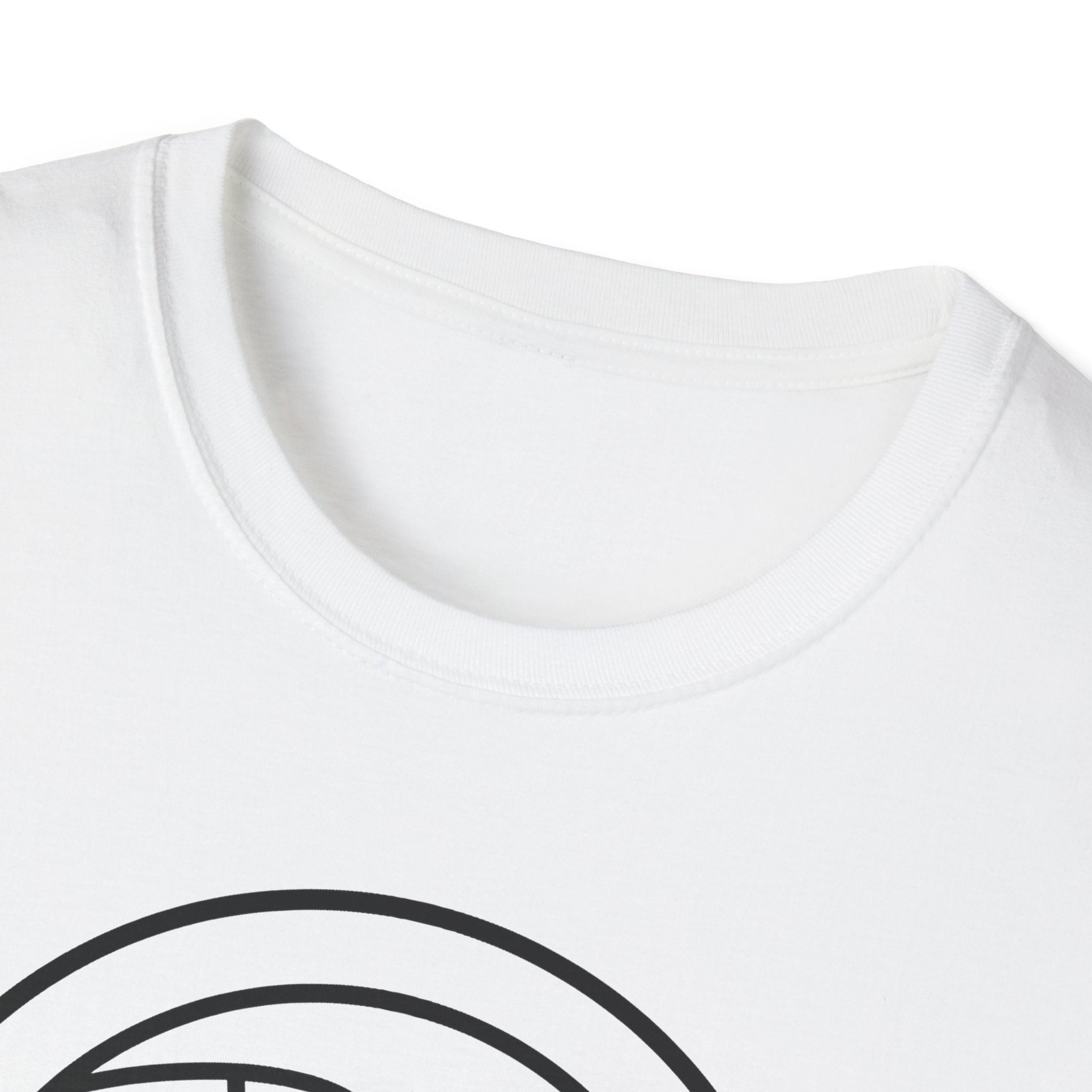 White t-shirt neckline and partial round flag graphic