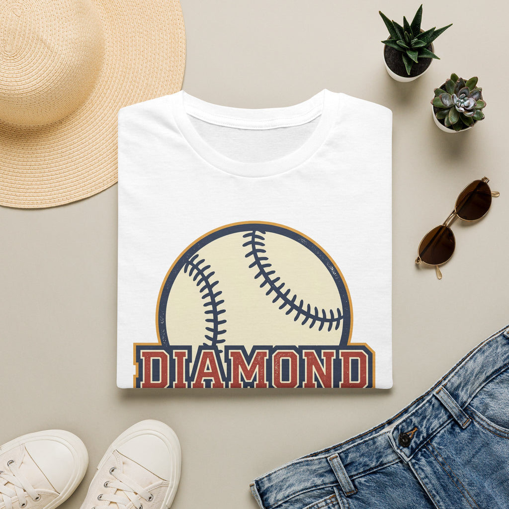White crew-neck baseball T-shirt with baseball “DIAMOND” graphic