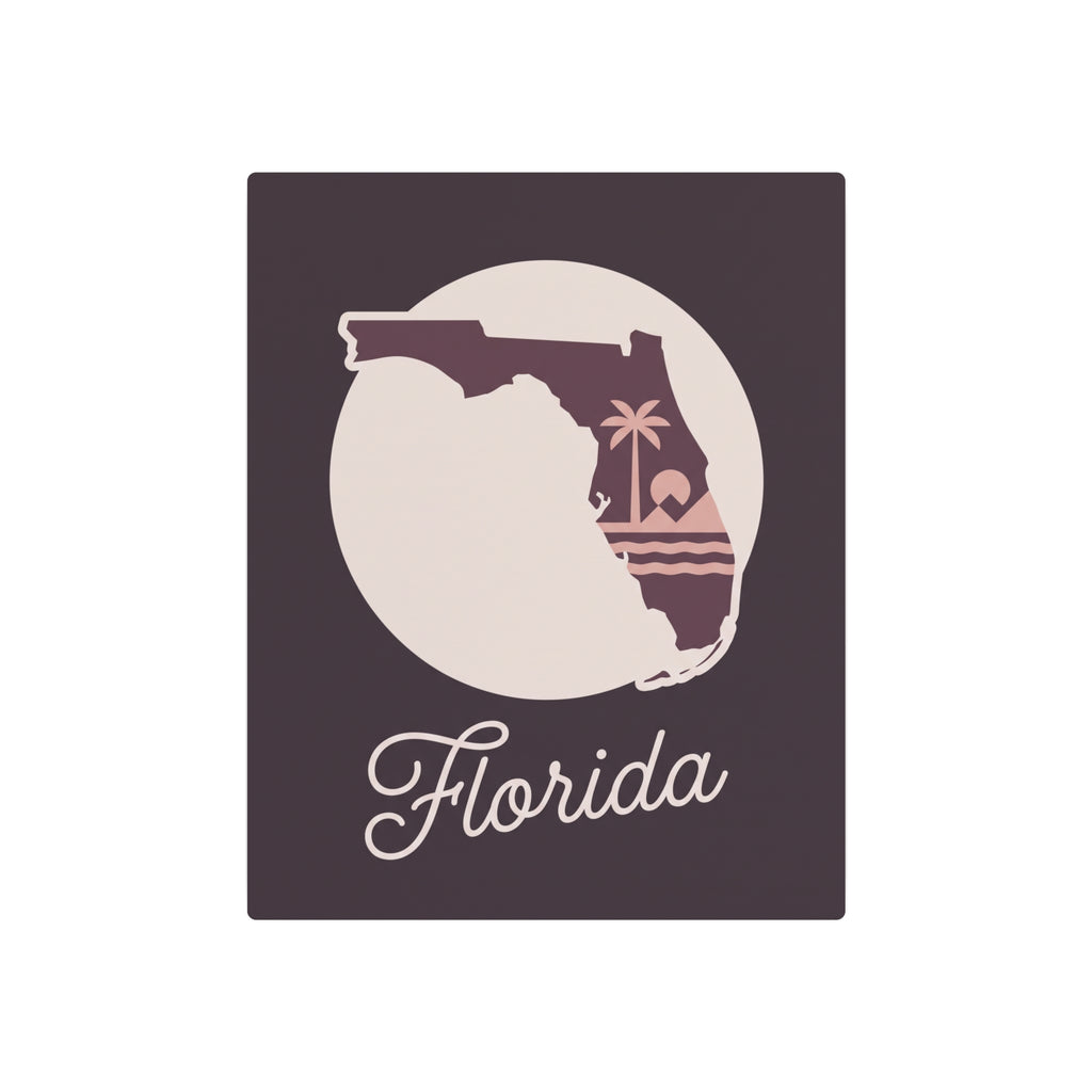 Dark purple square metal wall art featuring circular white Florida silhouette with script Florida