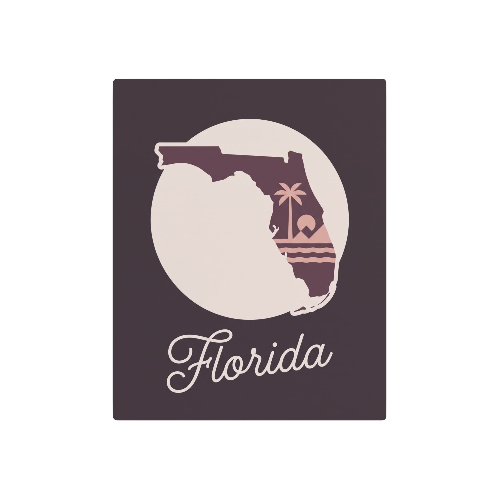 Dark purple square metal wall art featuring circular white Florida silhouette with script Florida