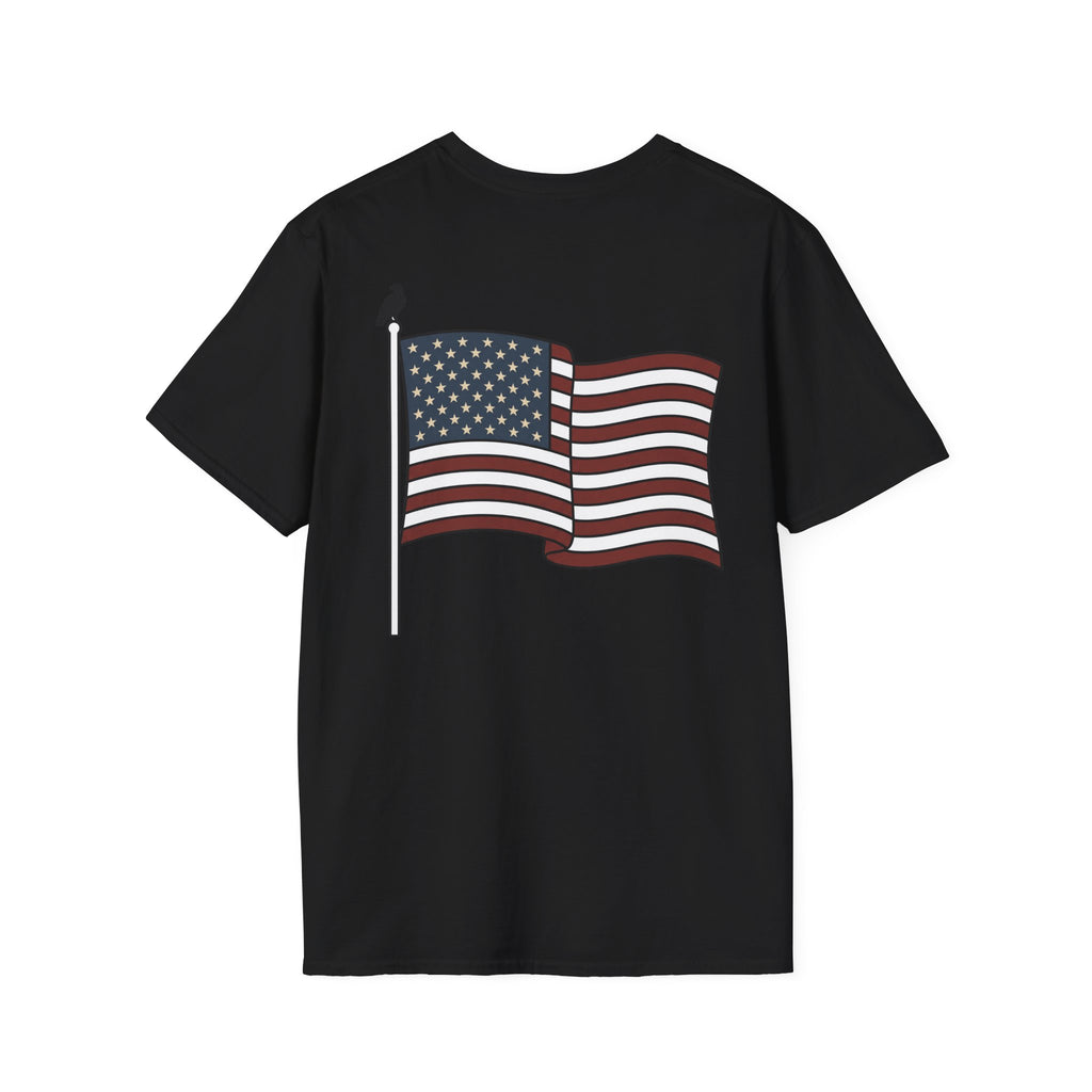 Black t-shirt with American flag graphic printed on the front