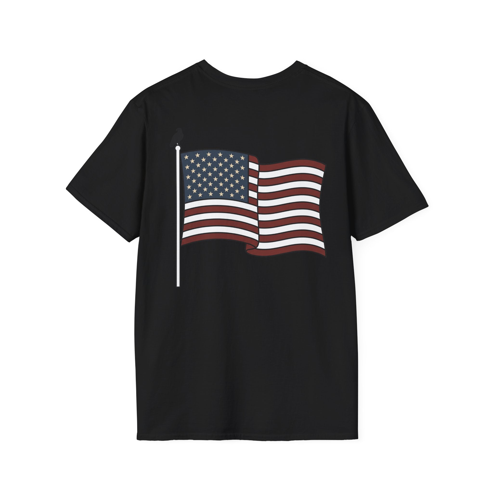 Black t-shirt with American flag graphic printed on the front