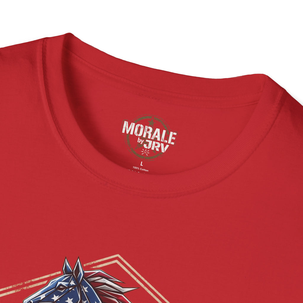 Red T-shirt neckline with chest logo and top of patriotic horse graphic