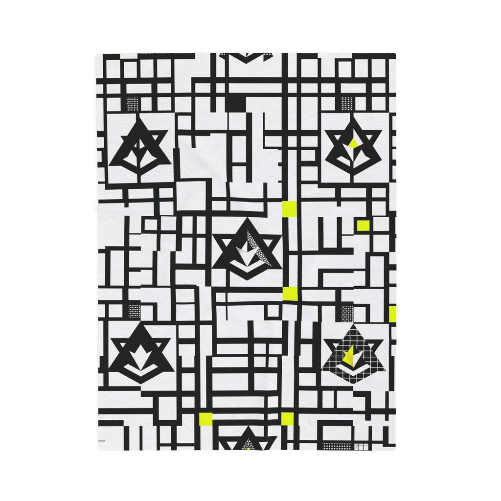 Velveteen plush blanket showing black geometric stars within a grid and neon yellow accents
