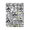 Velveteen plush blanket showing black geometric stars within a grid and neon yellow accents