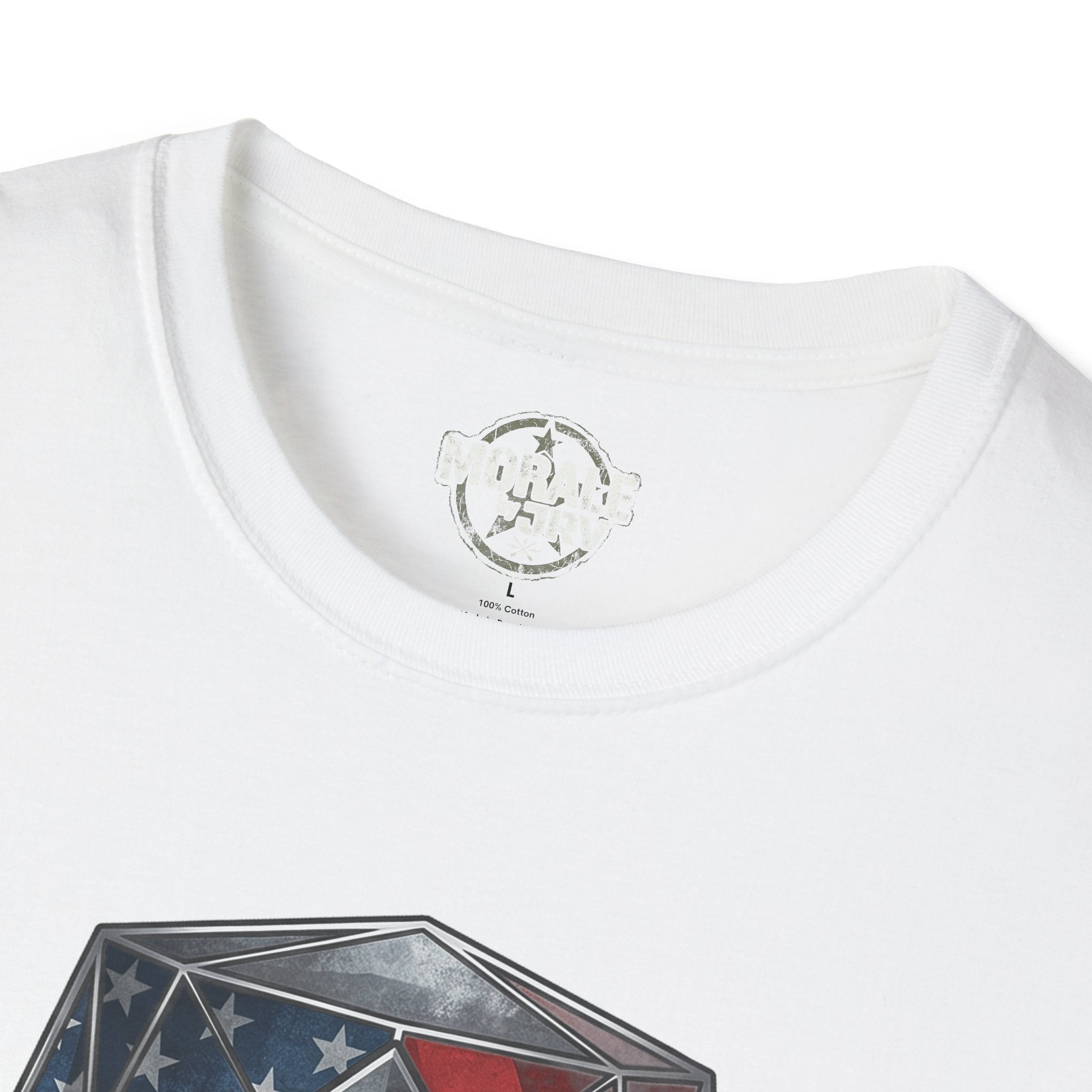White T-Shirt close-up: crew neck with small print near collar