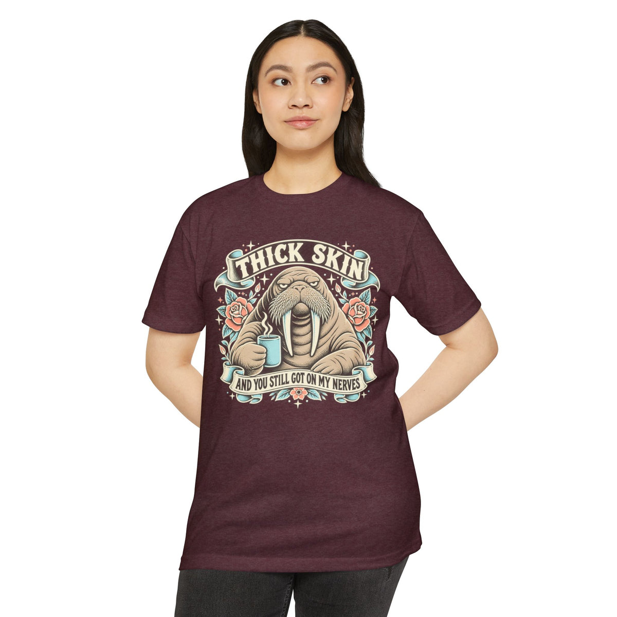 Burgundy walrus graphic T-shirt with “Thick Skin” and sarcastic text