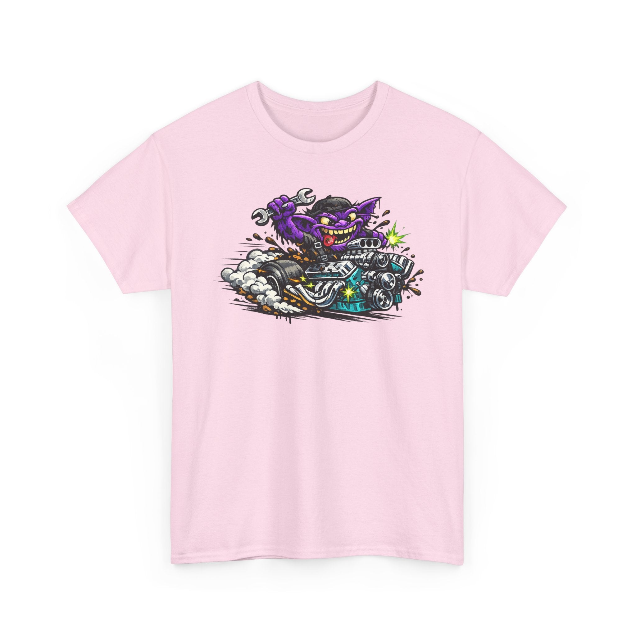 Light pink T-shirt with grinning purple cat on motorcycle graphic