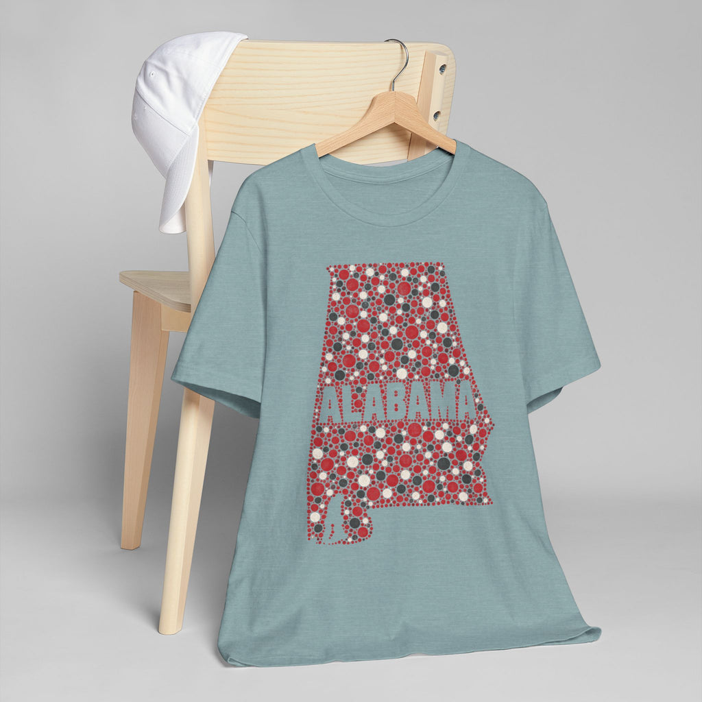 Teal short-sleeve T-shirt with red floral Alabama state outline graphic