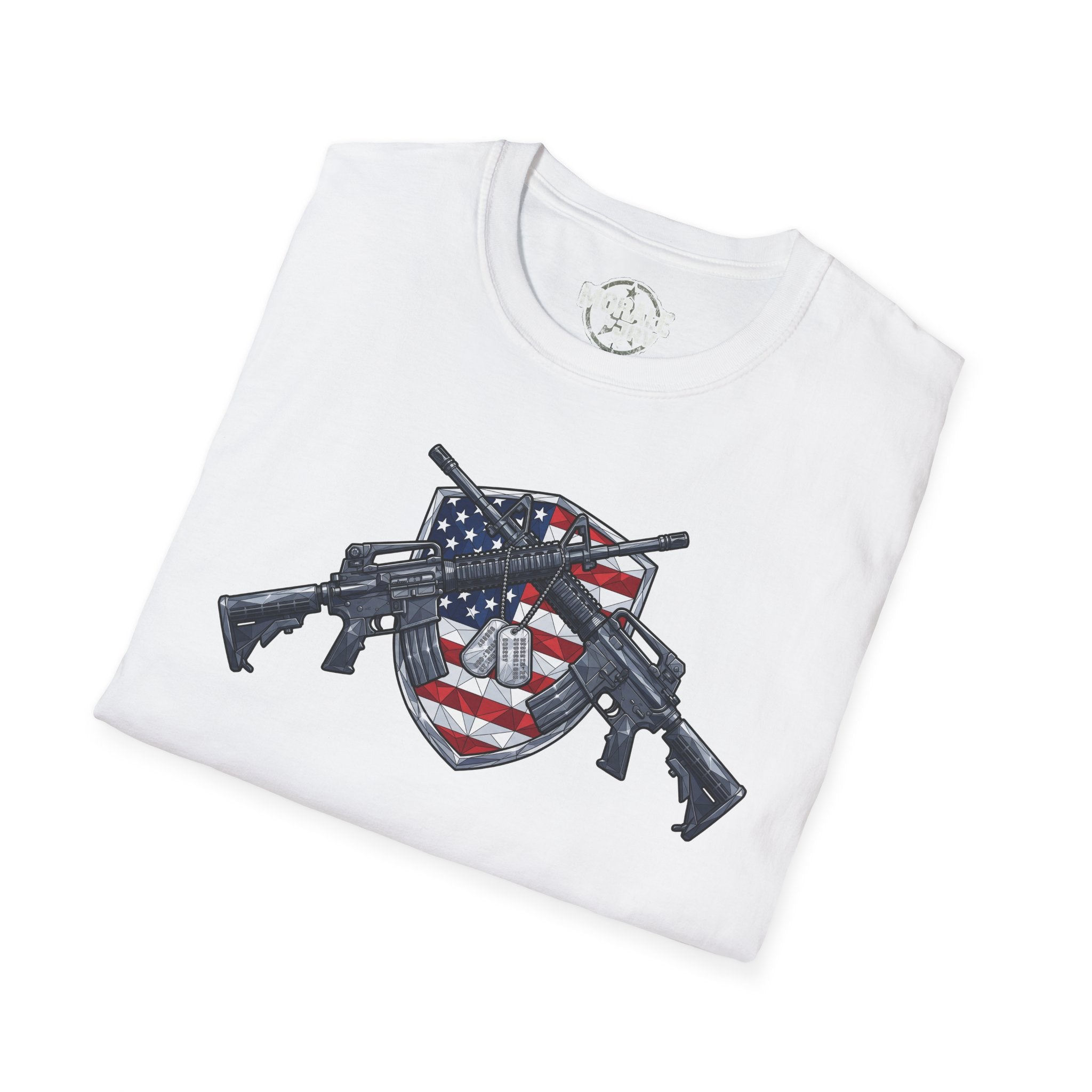 American flag skull shield t-shirt with crossed rifles graphic, white tee