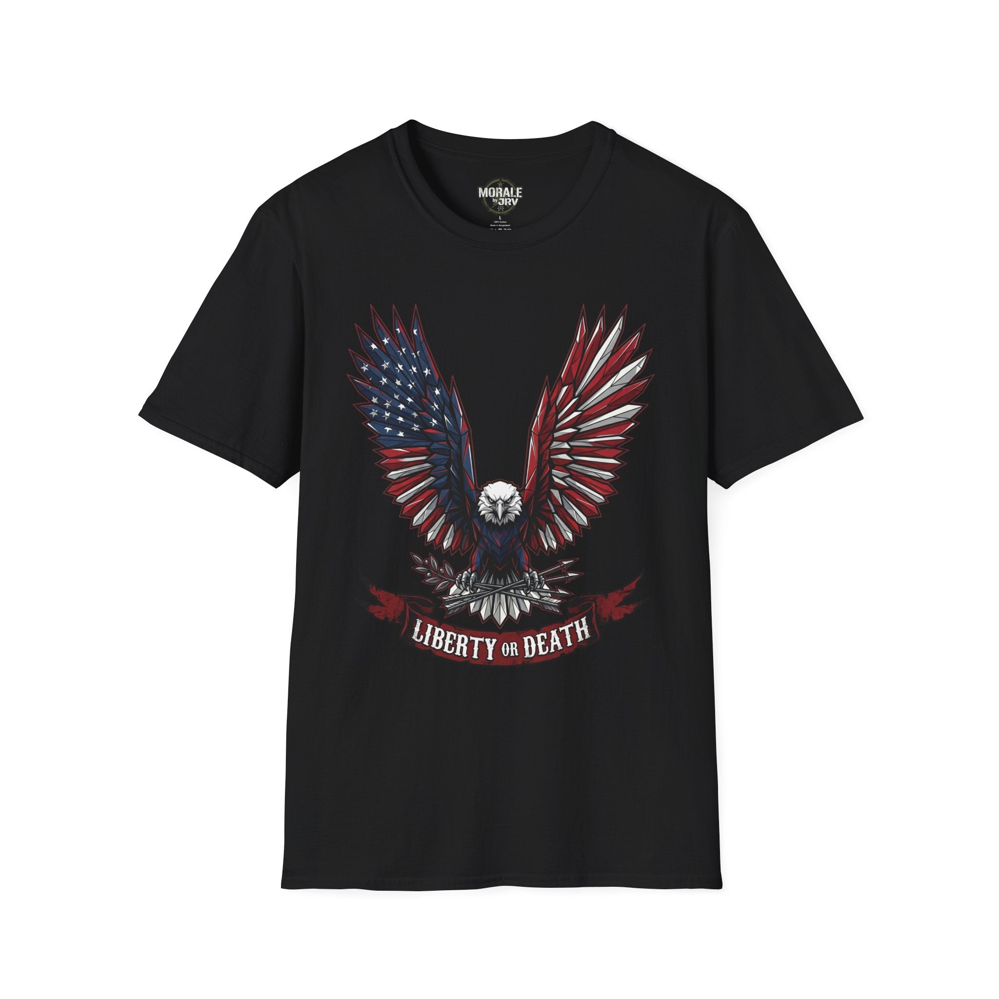 Black T-shirt with patriotic eagle wings graphic and “Liberty or Death”