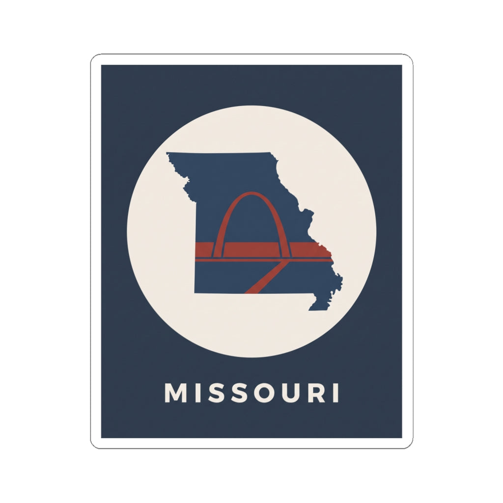 Square kiss-cut Missouri sticker featuring state outline and arch illustration with MISSOURI