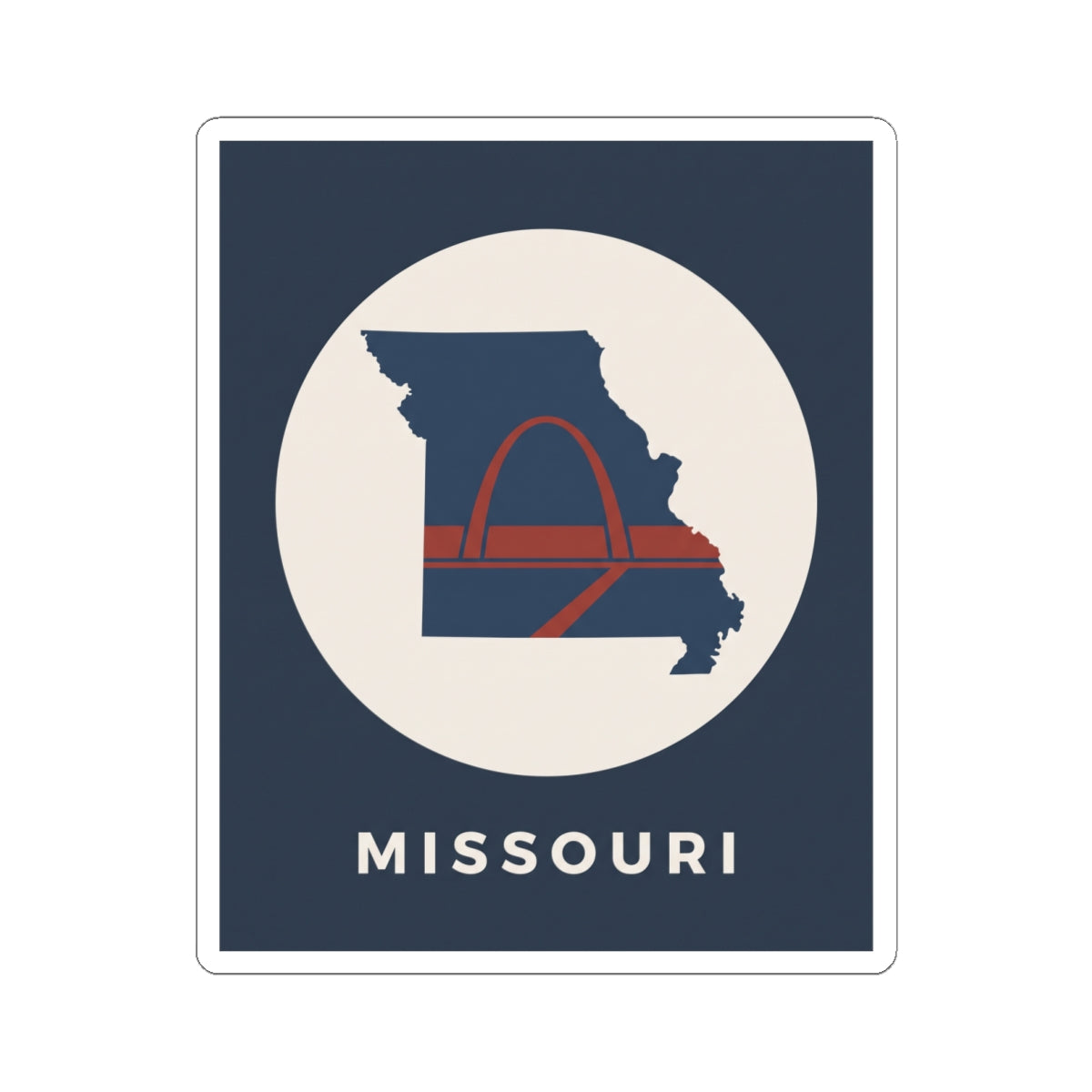 Square kiss-cut Missouri sticker featuring state outline and arch illustration with MISSOURI
