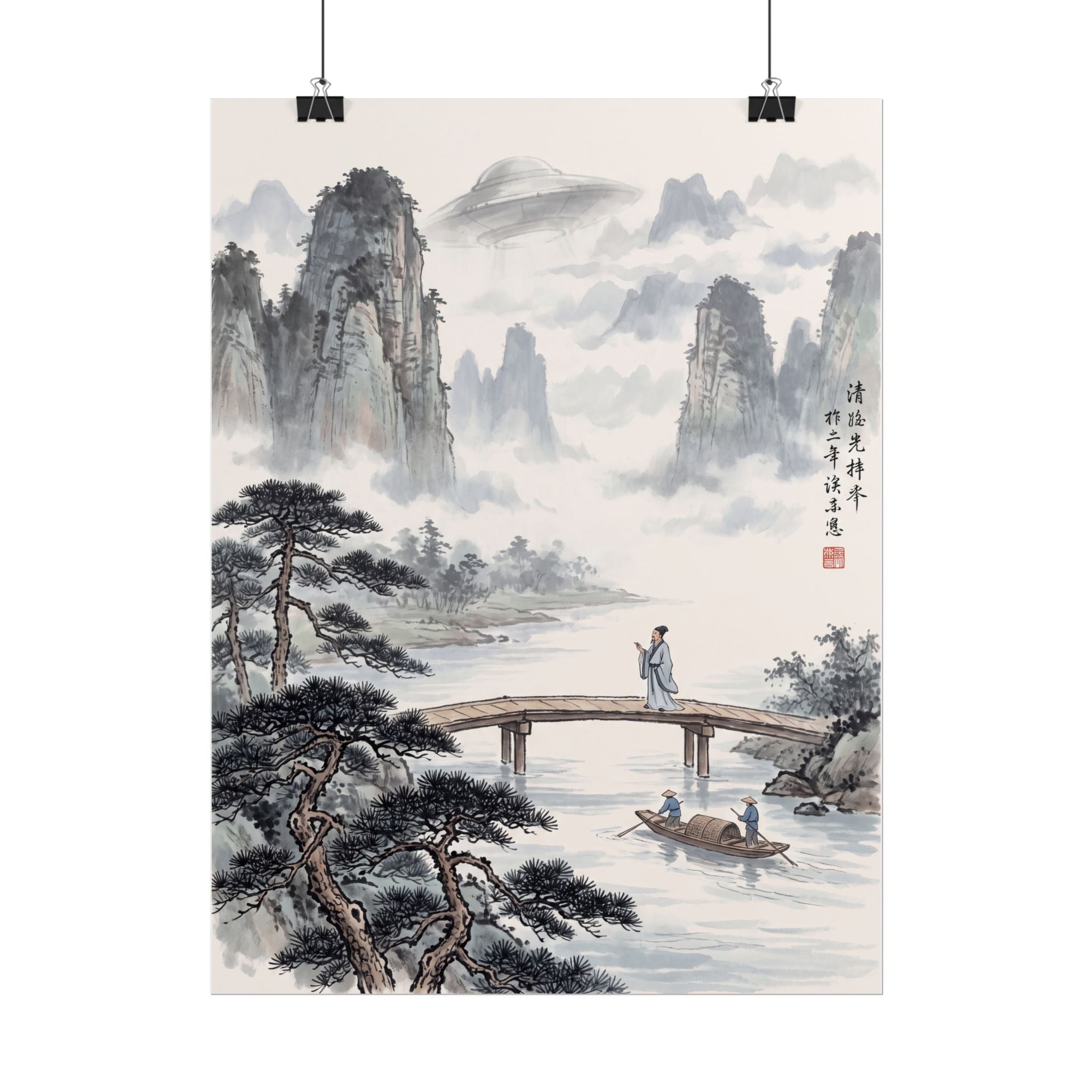 Landscape rolled poster with misty mountains, river bridge, and two figures fishing boats.