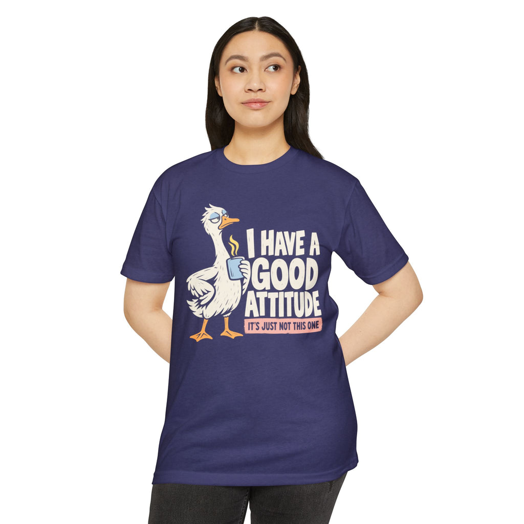 Purple graphic t-shirt with white goose and orange attitude slogan on front