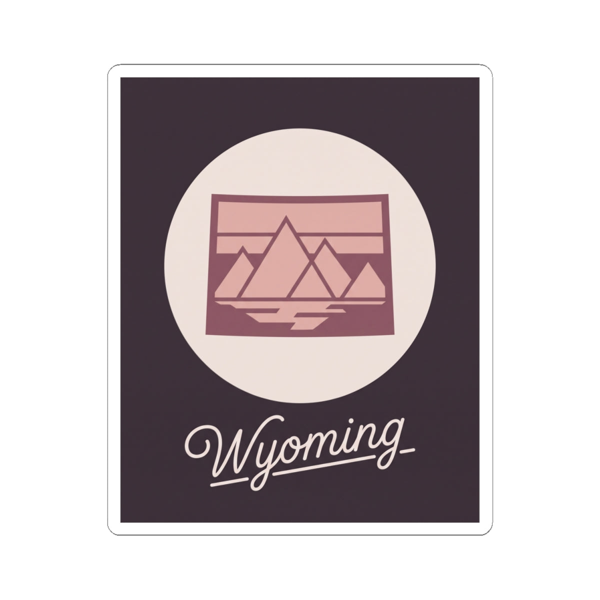 Wyoming kiss-cut decal featuring pink mountain scene icon and cursive “Wyoming”