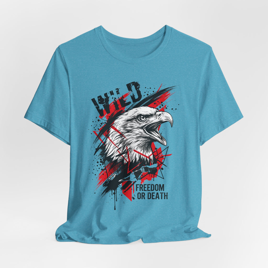 Light blue crew-neck t-shirt with white eagle head, red splatter, and “Freedom or Death”.