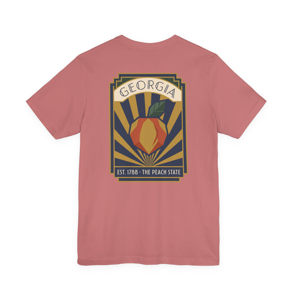 Peach-state graphic t-shirt in dusty rose with centered Georgia emblem poster print