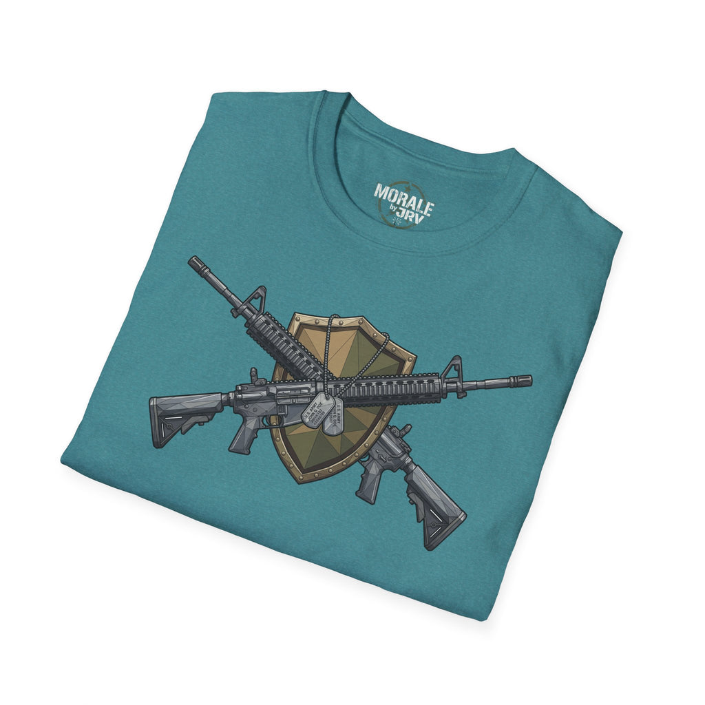 Teal T-shirt with large tactical gun graphic on front