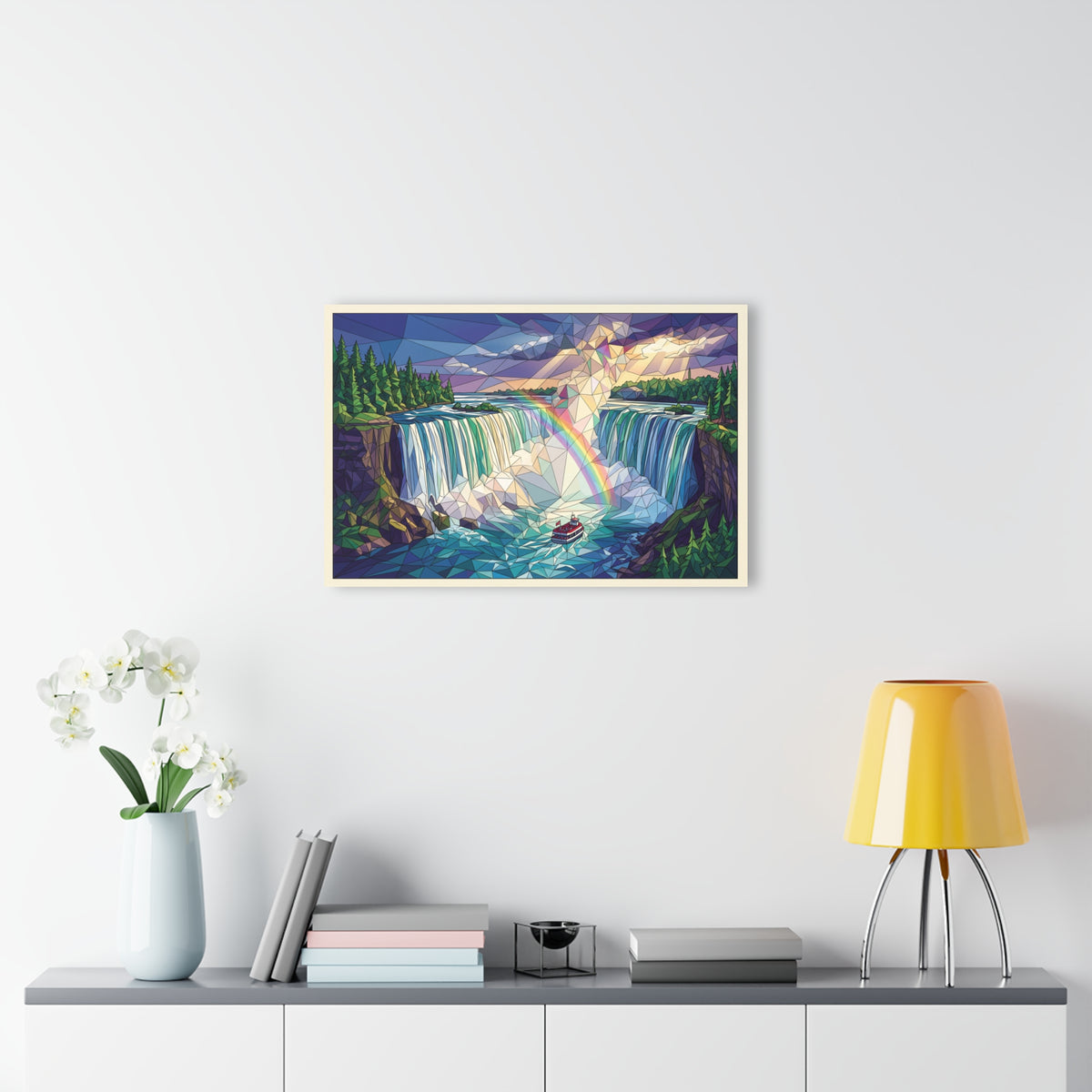 Framed geometric waterfall rainbow acrylic wall art displayed on a wall above a console.