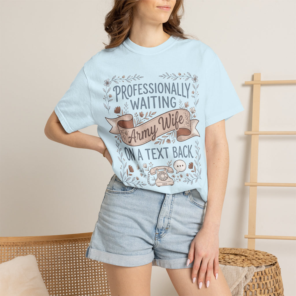 Light blue crew-neck T-shirt on model with front “Professionally Waiting” graphic