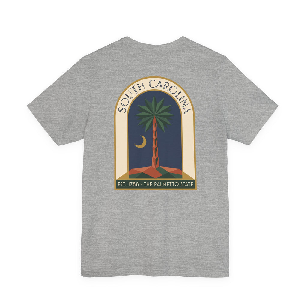 Light grey heather T-shirt with large South Carolina palmetto window graphic on back