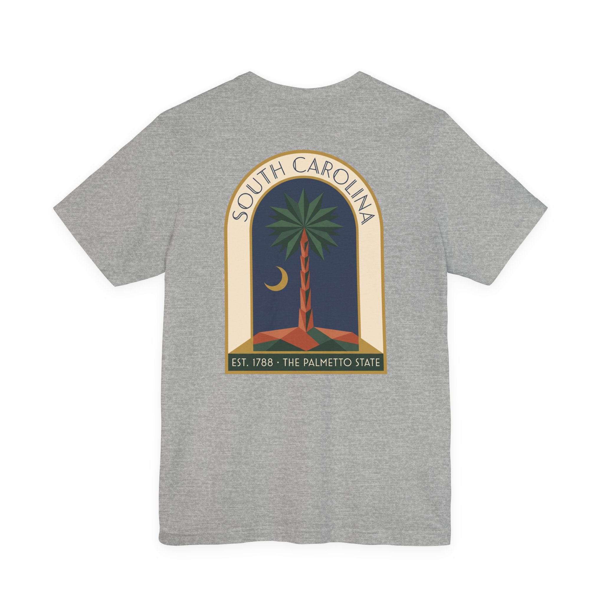 Light grey heather T-shirt with large South Carolina palmetto window graphic on back