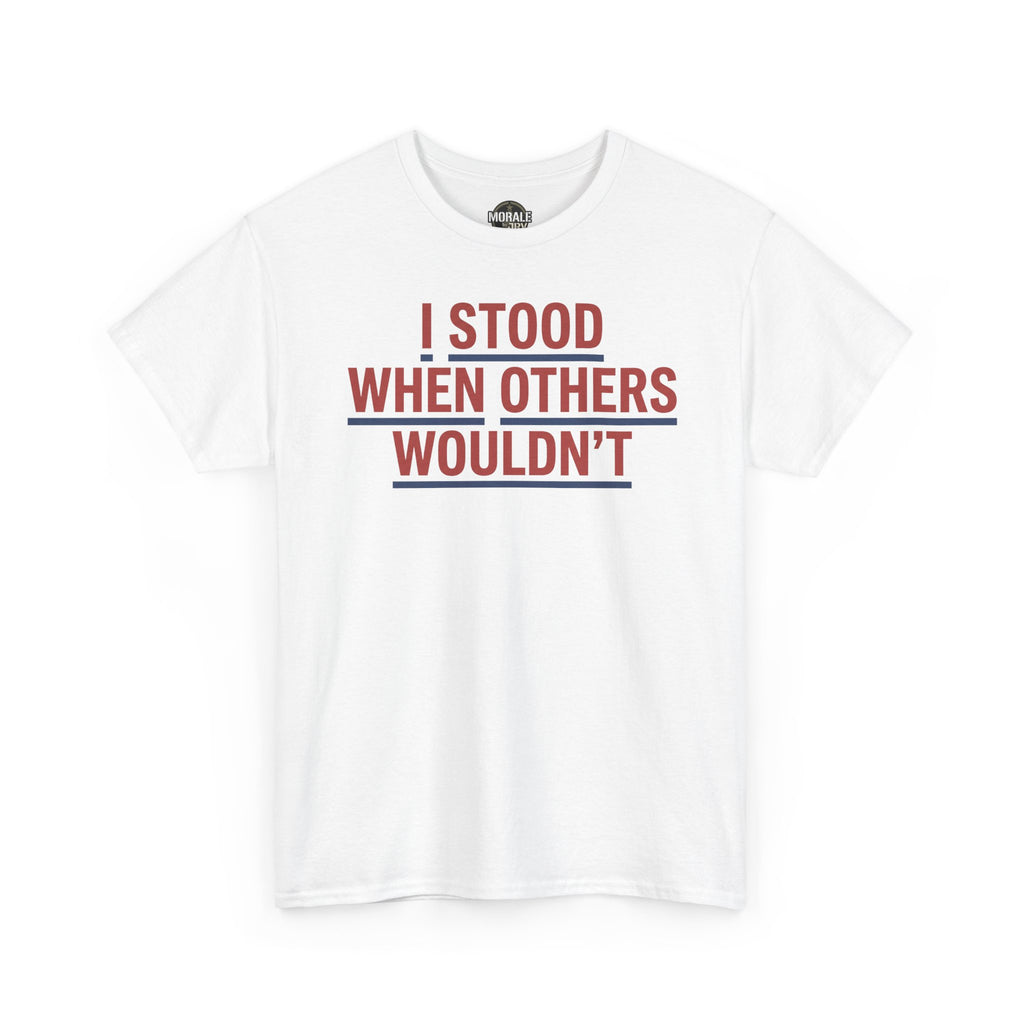 White T-shirt with red and gray slogan graphic, crew neck