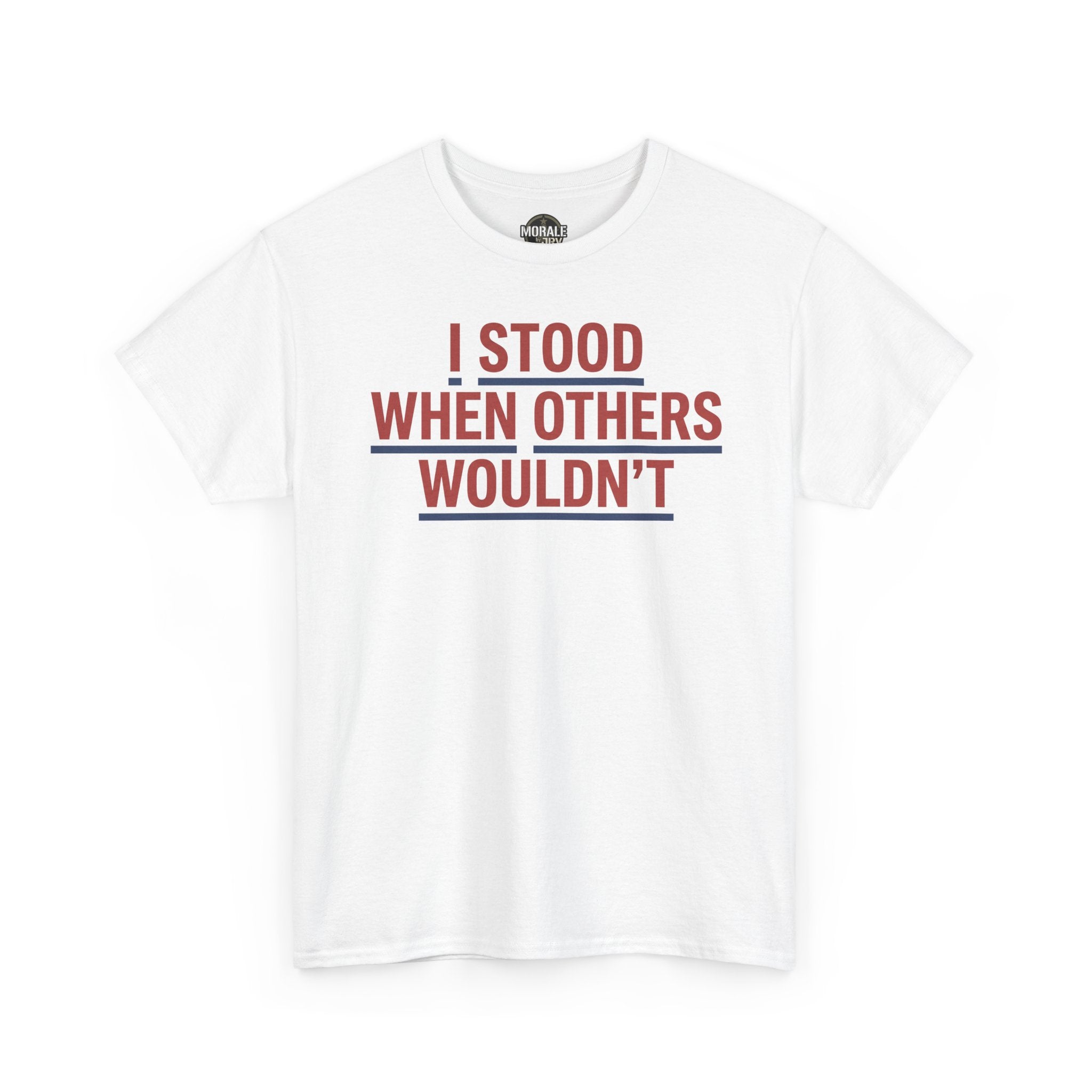 White T-shirt with red and gray slogan graphic, crew neck