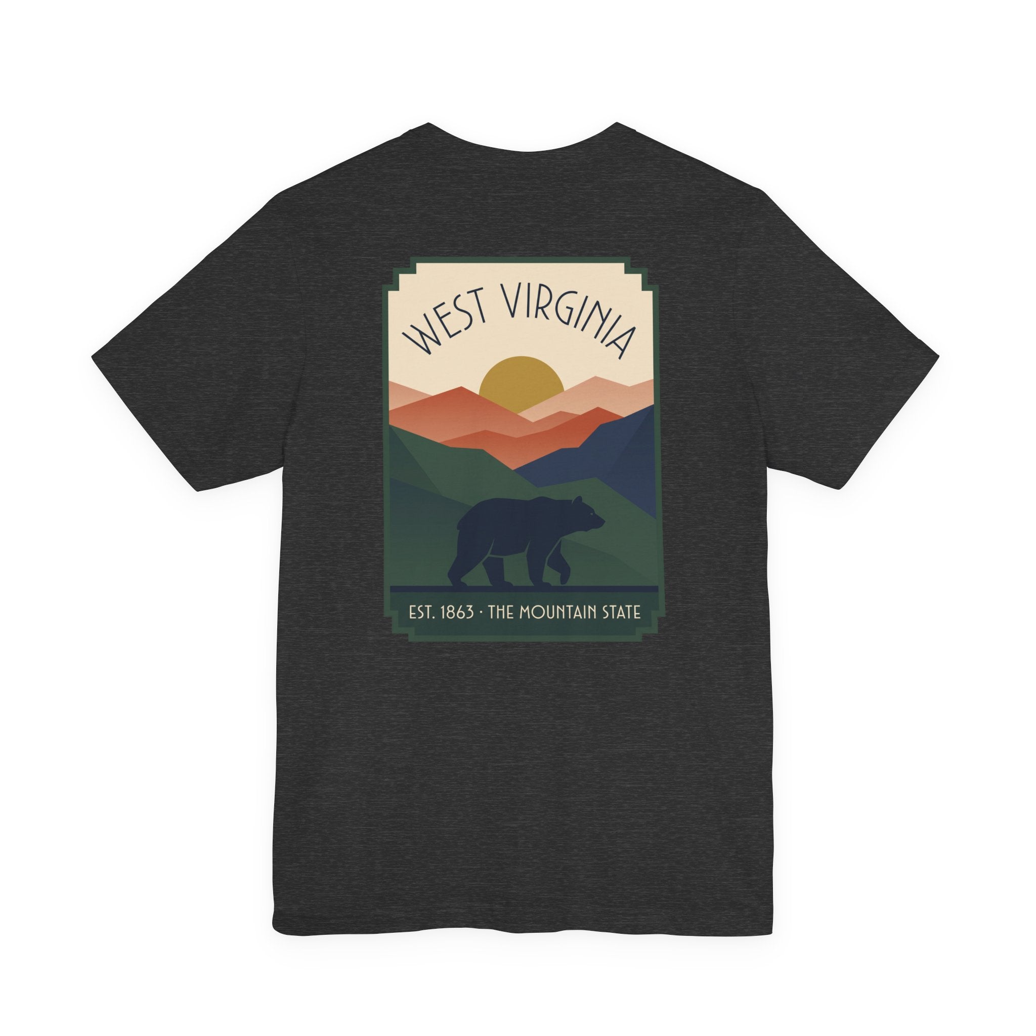 Dark grey T-shirt with West Virginia bear and mountain graphic on the front.