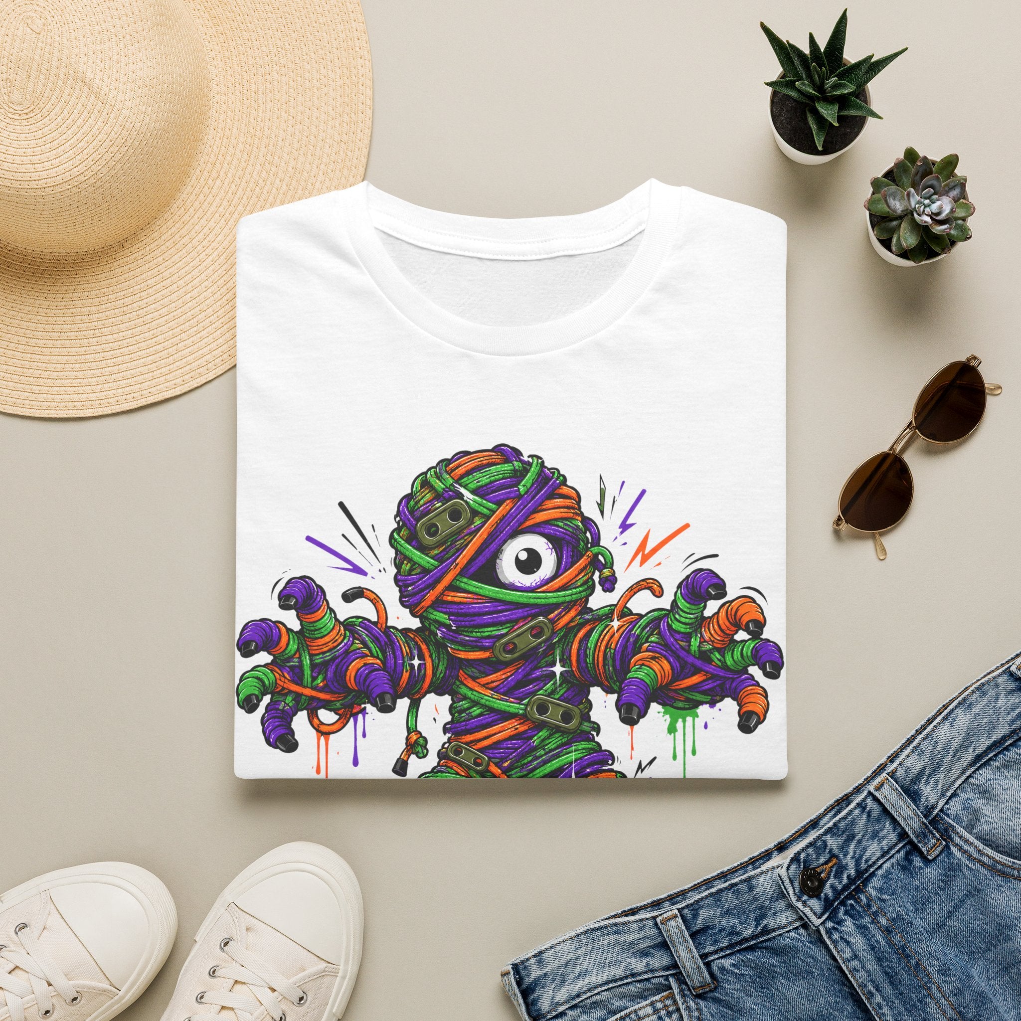 White mummy illustration T-shirt with colorful wrapped monster graphic on front