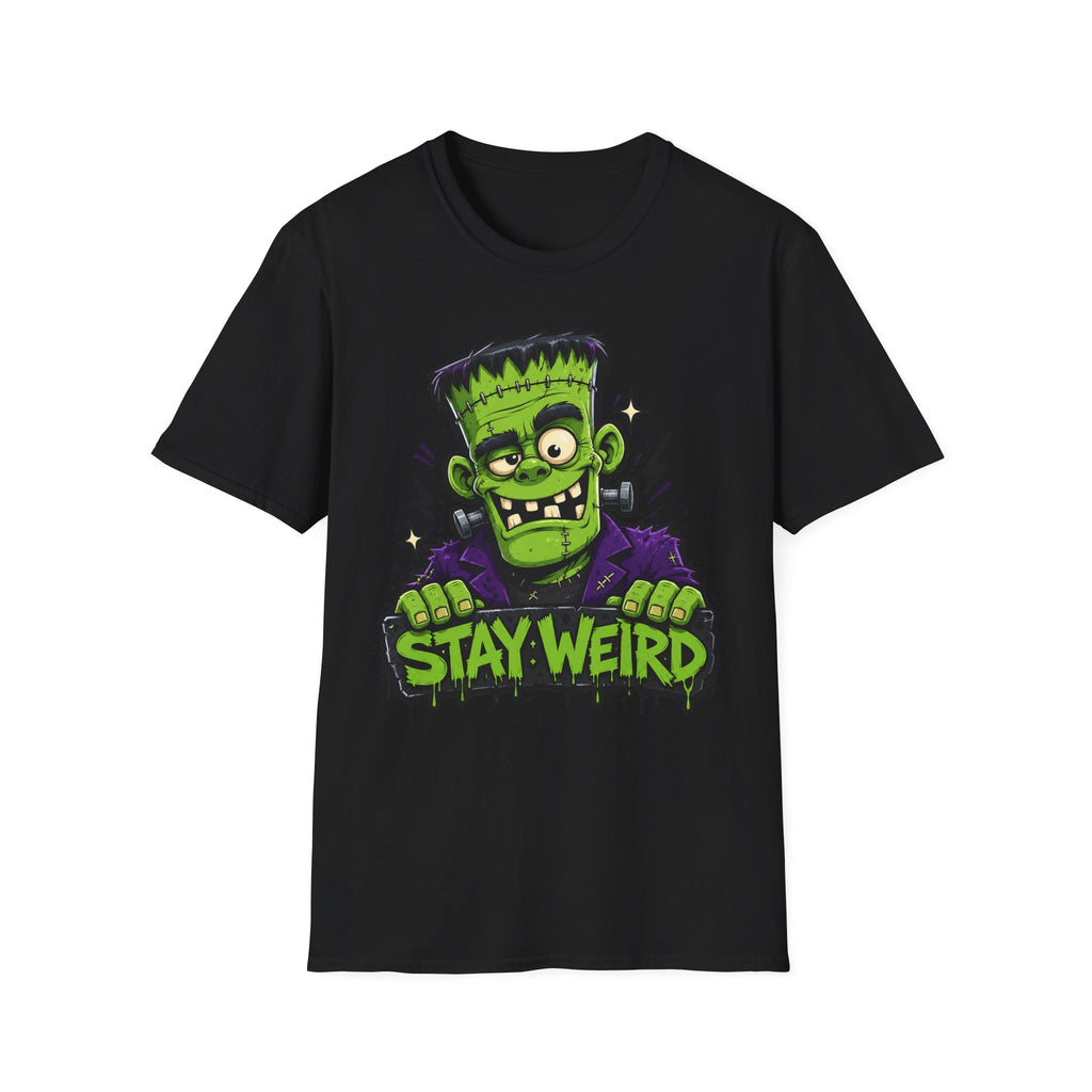 Black crew-neck T-shirt with green Frankenstein-style monster graphic and text