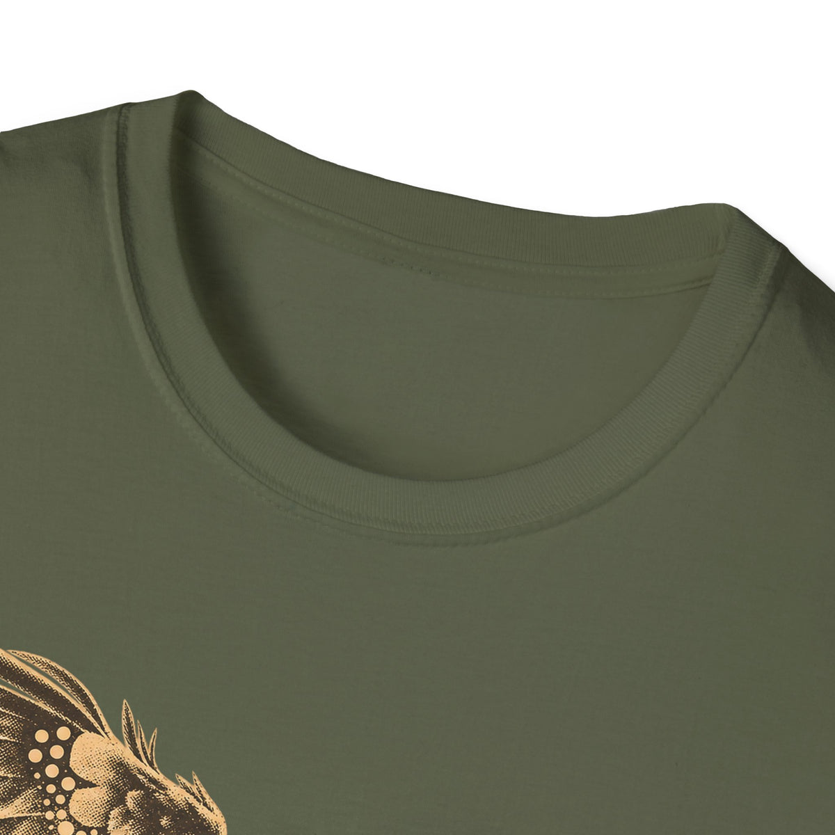 Military green crewneck short-sleeve T-shirt with gold eagle graphic detail at chest