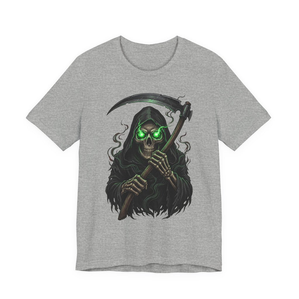 Heather gray unisex T-shirt with glowing green skull and scythe graphic