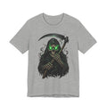 Heather gray unisex T-shirt with glowing green skull and scythe graphic