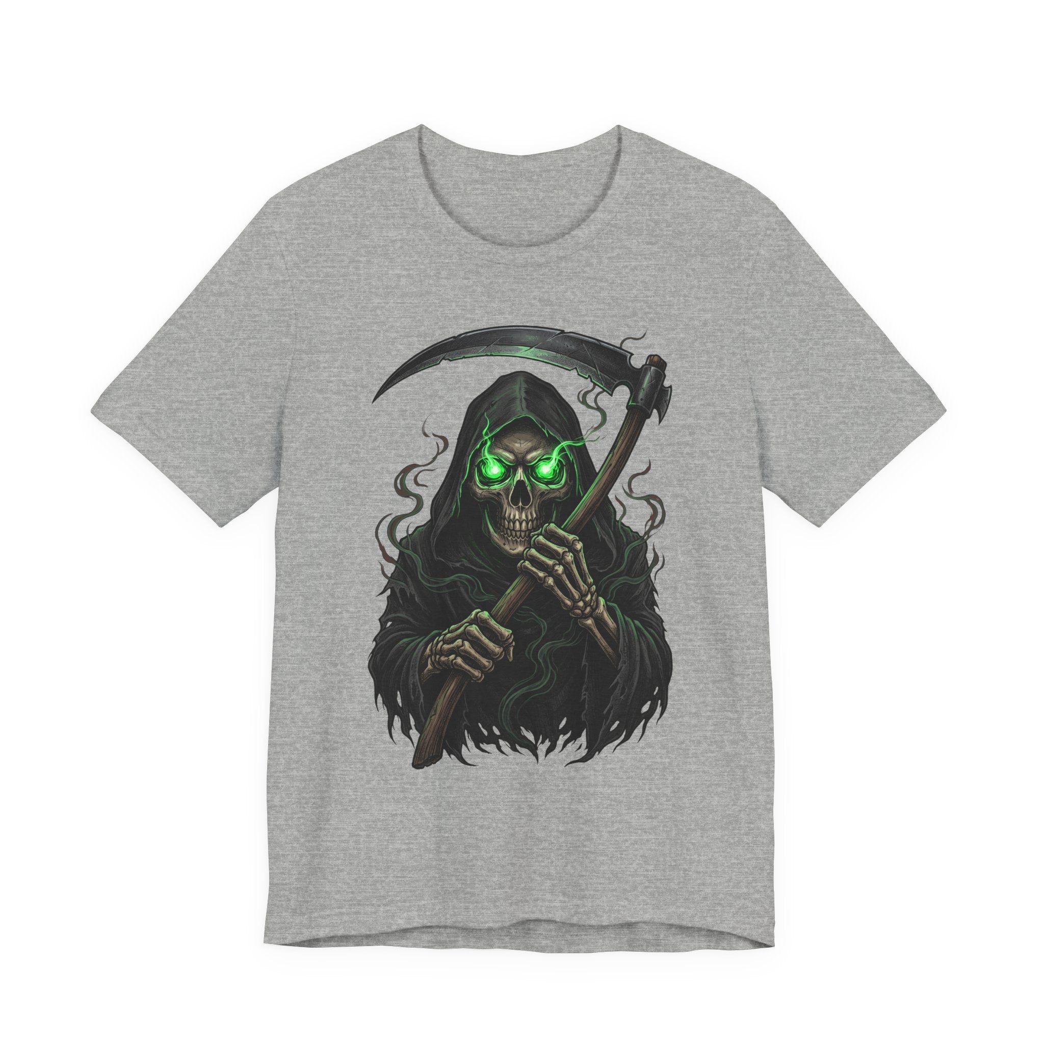 Heather gray unisex T-shirt with glowing green skull and scythe graphic